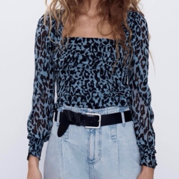 Zara XS Animal Print Long Sleeve Blouse Blue Black - Picture 9 of 10